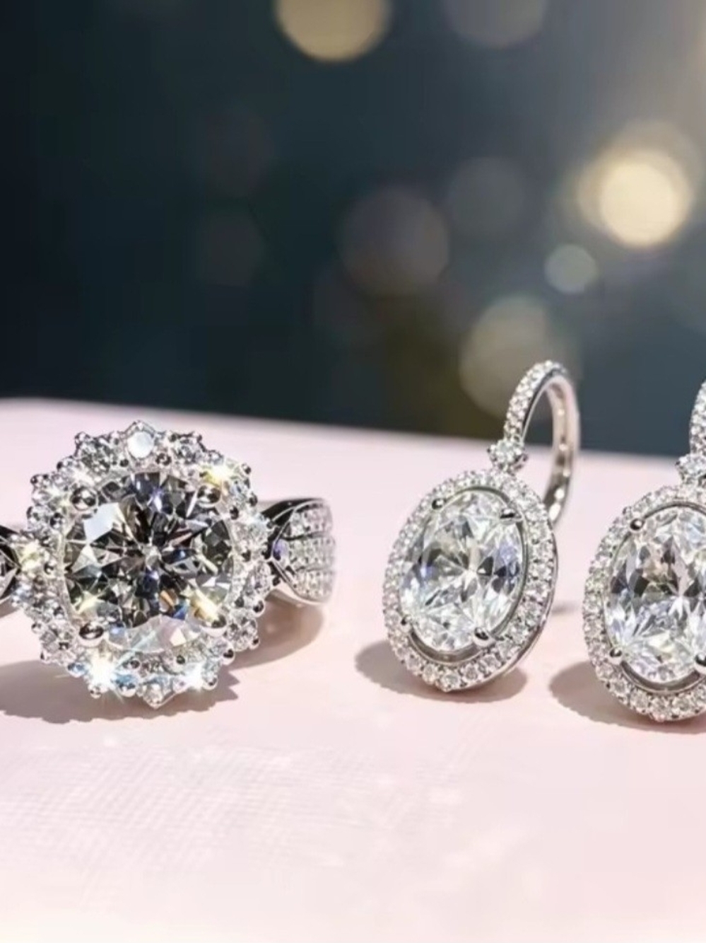 Elegant White Crystal Halo Ring and Earrings Set